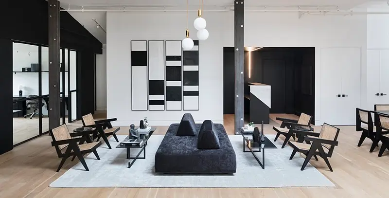 Virtual office rental Brooklyn New York - The New York Project minimalist premium office with black-and-white monochrome design, designer furniture and loft character